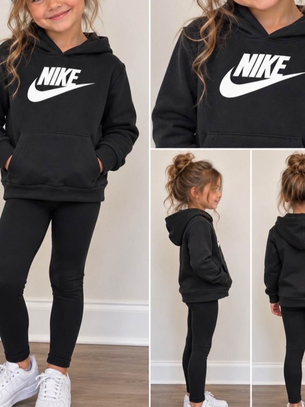 Nike Black Hoodie with White Swoosh - Kids Pullover Sweatshirt